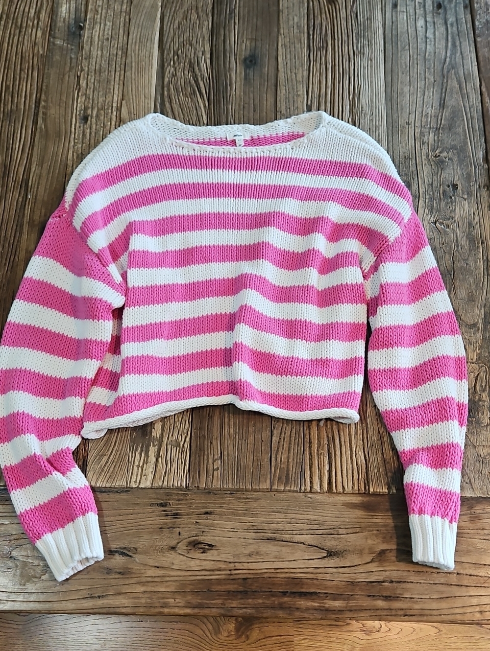 aerie Pink & White Striped Cropped Crewneck Sweater Size Small